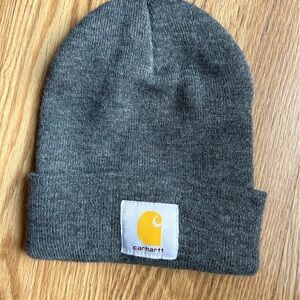 Carhartt Charcoal Gray Rib Knit Beanie with Yellow Logo Patch